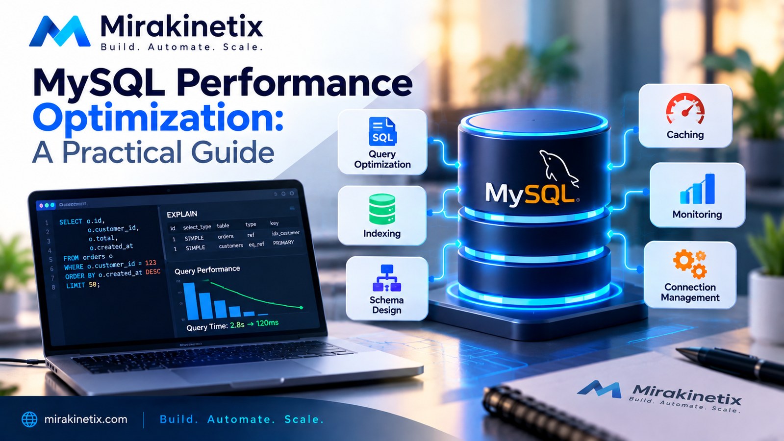 MySQL database performance optimization with queries, indexes, caching, and monitoring