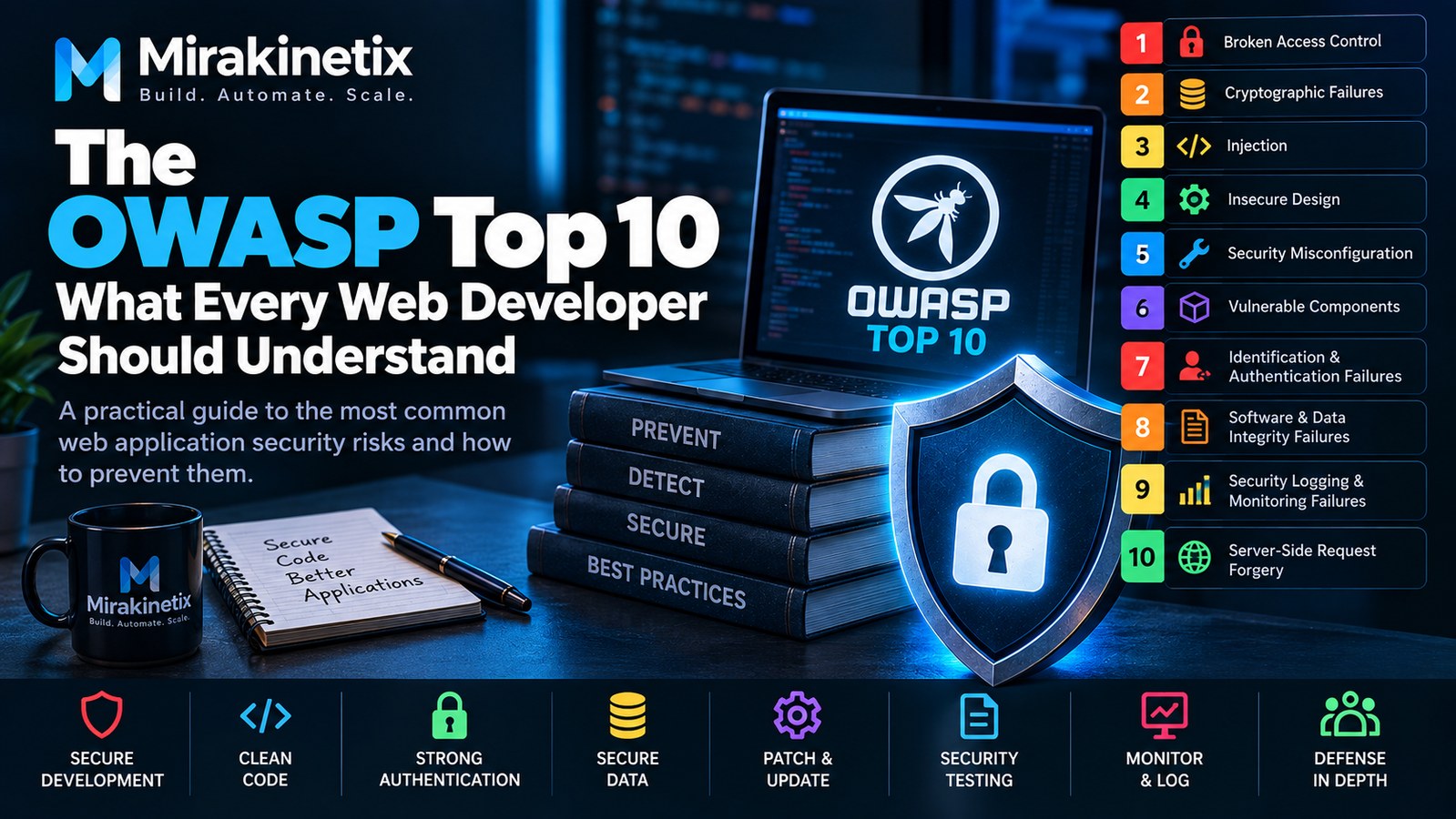 OWASP Top 10 web application security risks with authentication, injection, access control, encryption, and secure coding