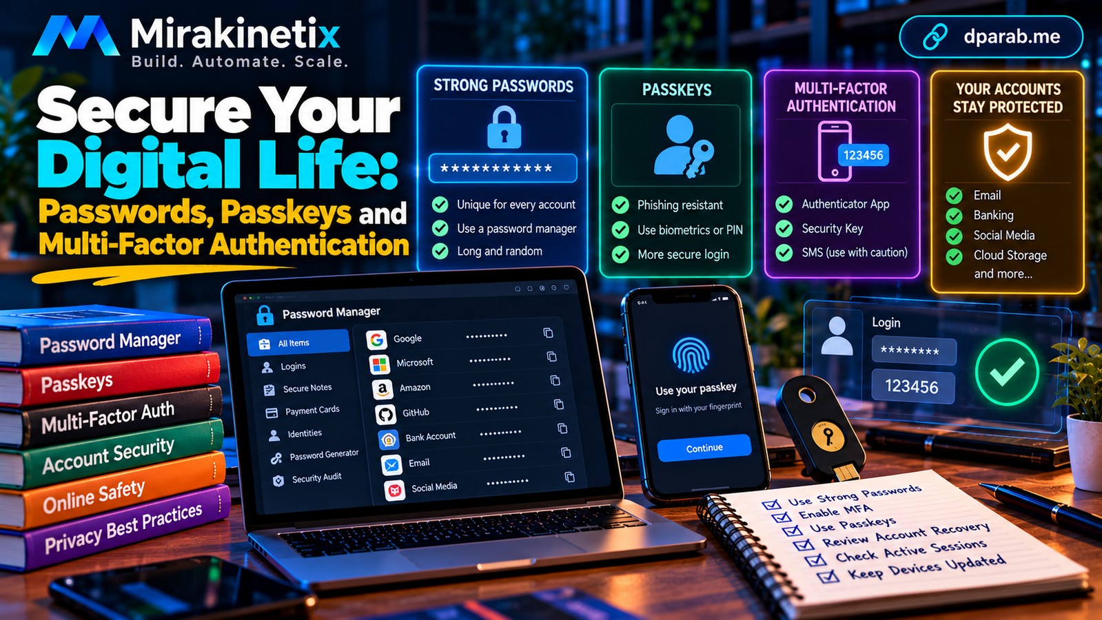 Cybersecurity illustration showing a password manager, passkey authentication, multi-factor authentication, and a digital shield protecting online accounts.