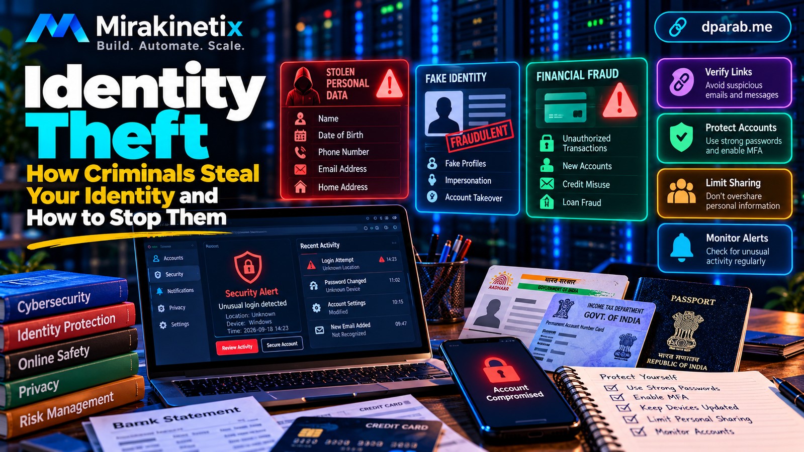Cybersecurity illustration showing identity theft, a compromised online account, fraudulent financial transactions, and exposed personal identity documents.