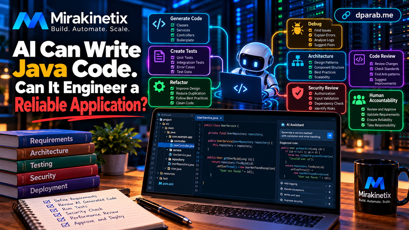 AI-assisted Java development showing generated code, automated testing, software architecture, and security review