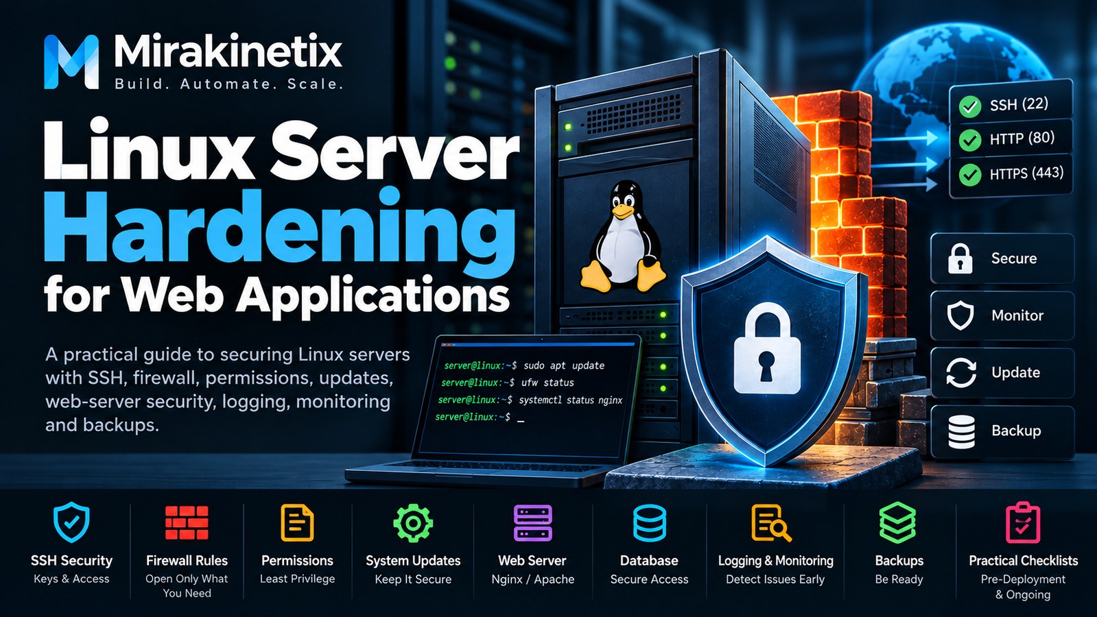 Linux server hardening for web applications with SSH security, firewall rules, permissions, updates, and monitoring