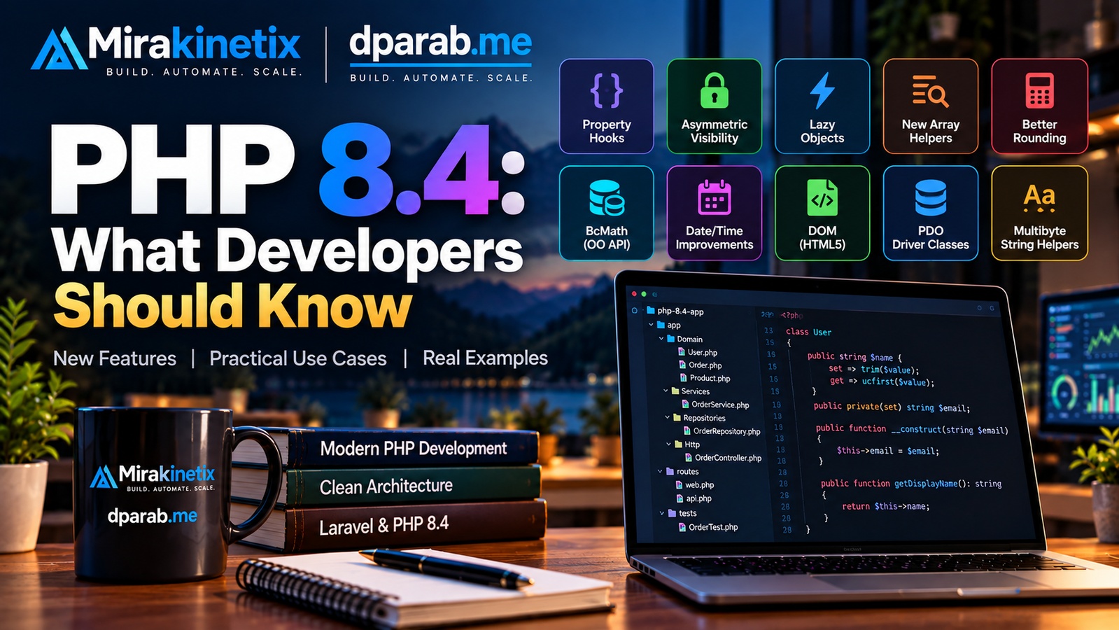 PHP 8.4 modern development with typed properties, property hooks, lazy objects, performance, security, and modern application architecture