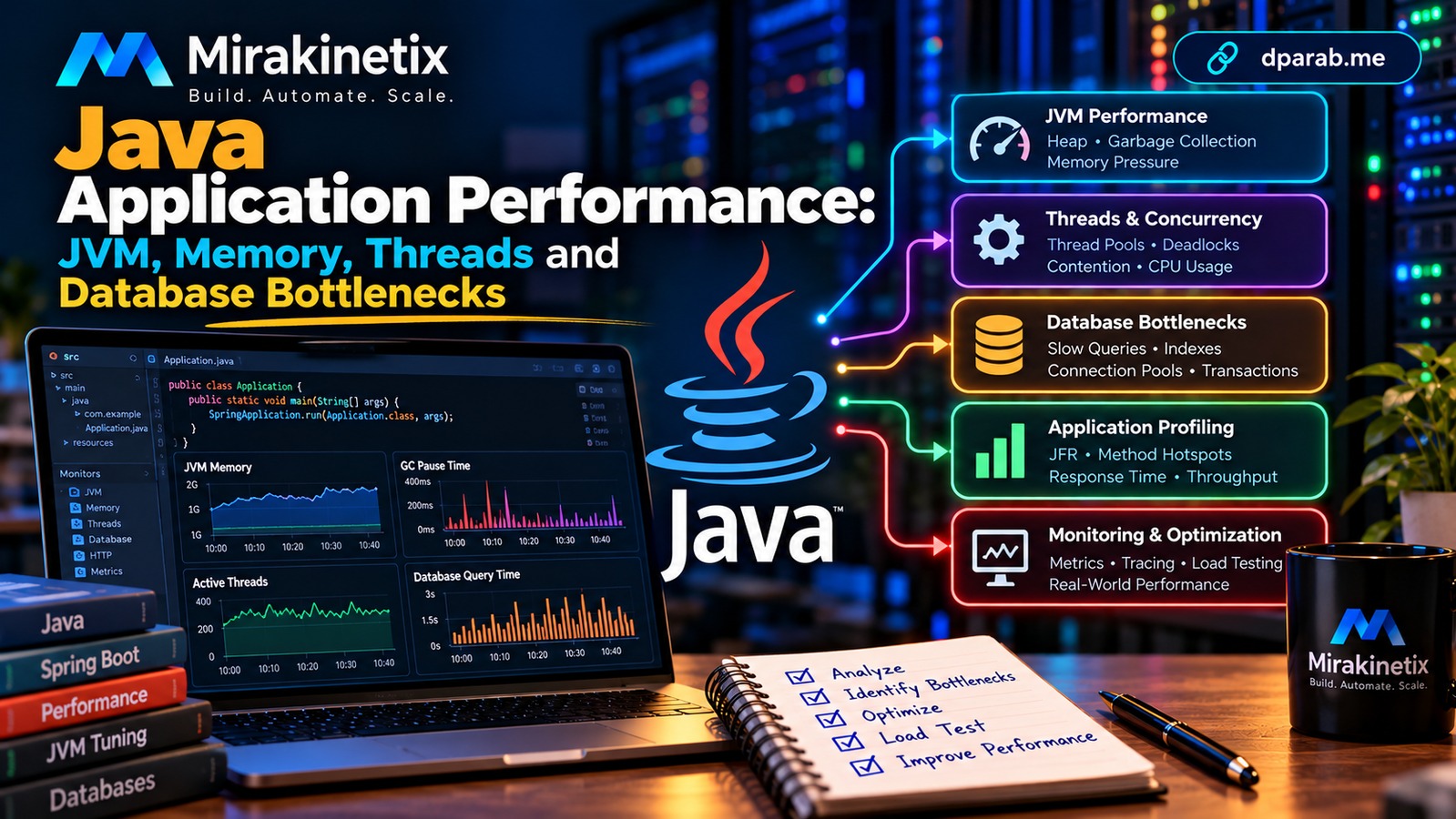 Java application performance monitoring JVM memory threads garbage collection database queries and backend bottlenecks