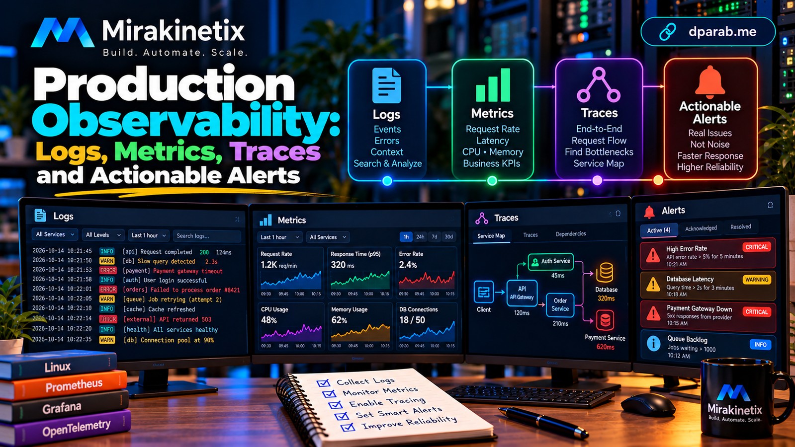 When production applications slow down or fail, dashboards alone are not enough. Learn how logs, metrics, distributed tracing, health checks, and actionable alerts help engineering teams identify root causes, reduce downtime, and operate reliable systems.