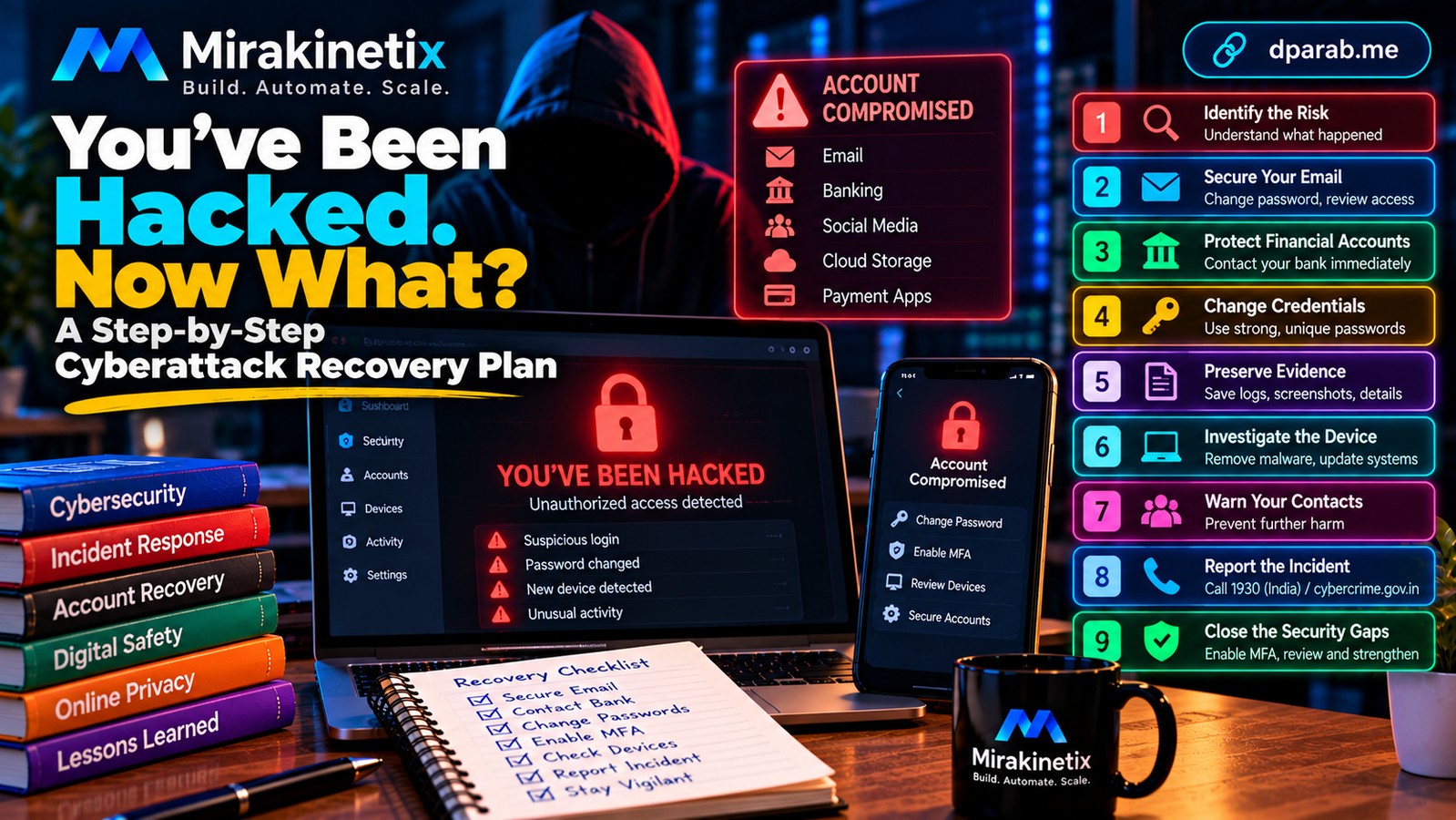 Cybersecurity incident-response illustration showing a compromised laptop, account-security alerts, a locked smartphone, and recovery steps to protect a user's digital identity.