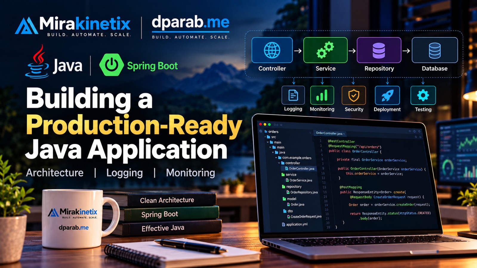 Production-ready Java application architecture with logging, monitoring, health checks, configuration, database, and deployment components