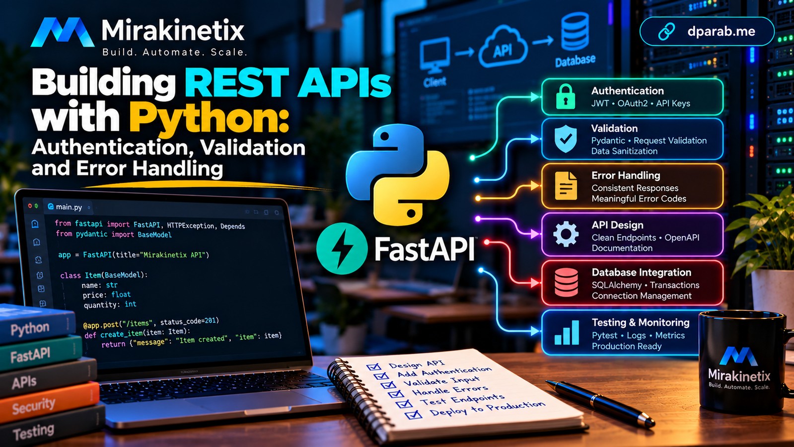 Python FastAPI REST API architecture with authentication validation error handling database integration and monitoring