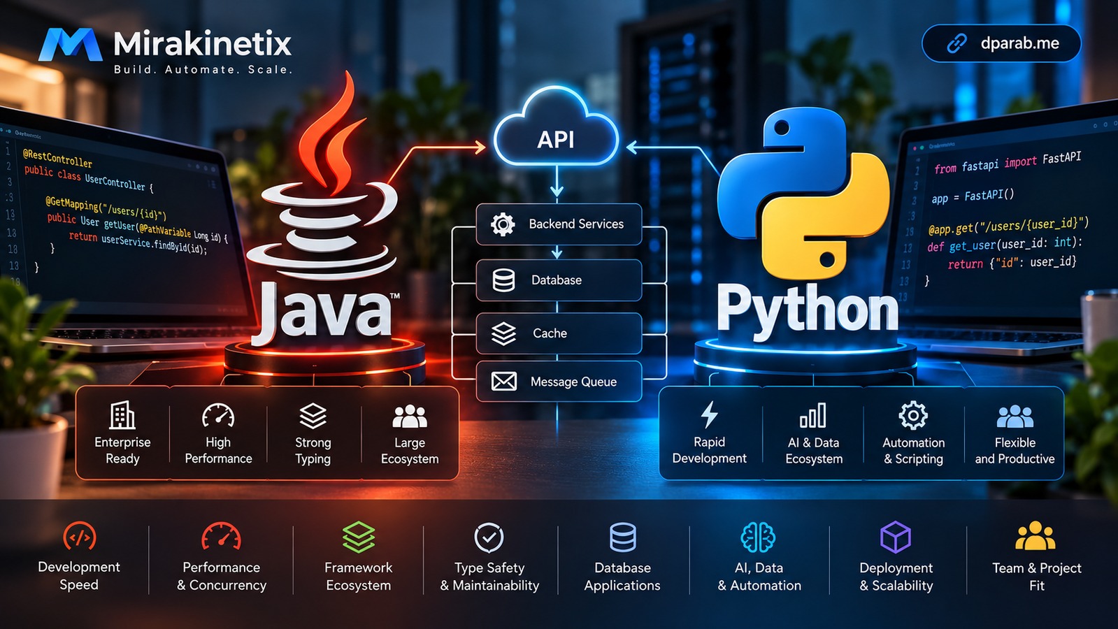 Java vs Python backend development comparison showing application architecture, APIs, databases, and scalable backend systems