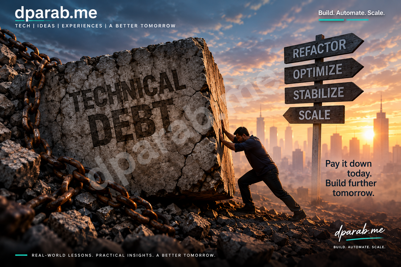 Technical debt represented by a massive cracked concrete block chained to an engineer