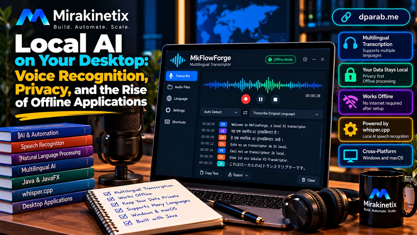 Local AI desktop application displaying offline speech recognition, voice transcription, and privacy-focused processing on a computer