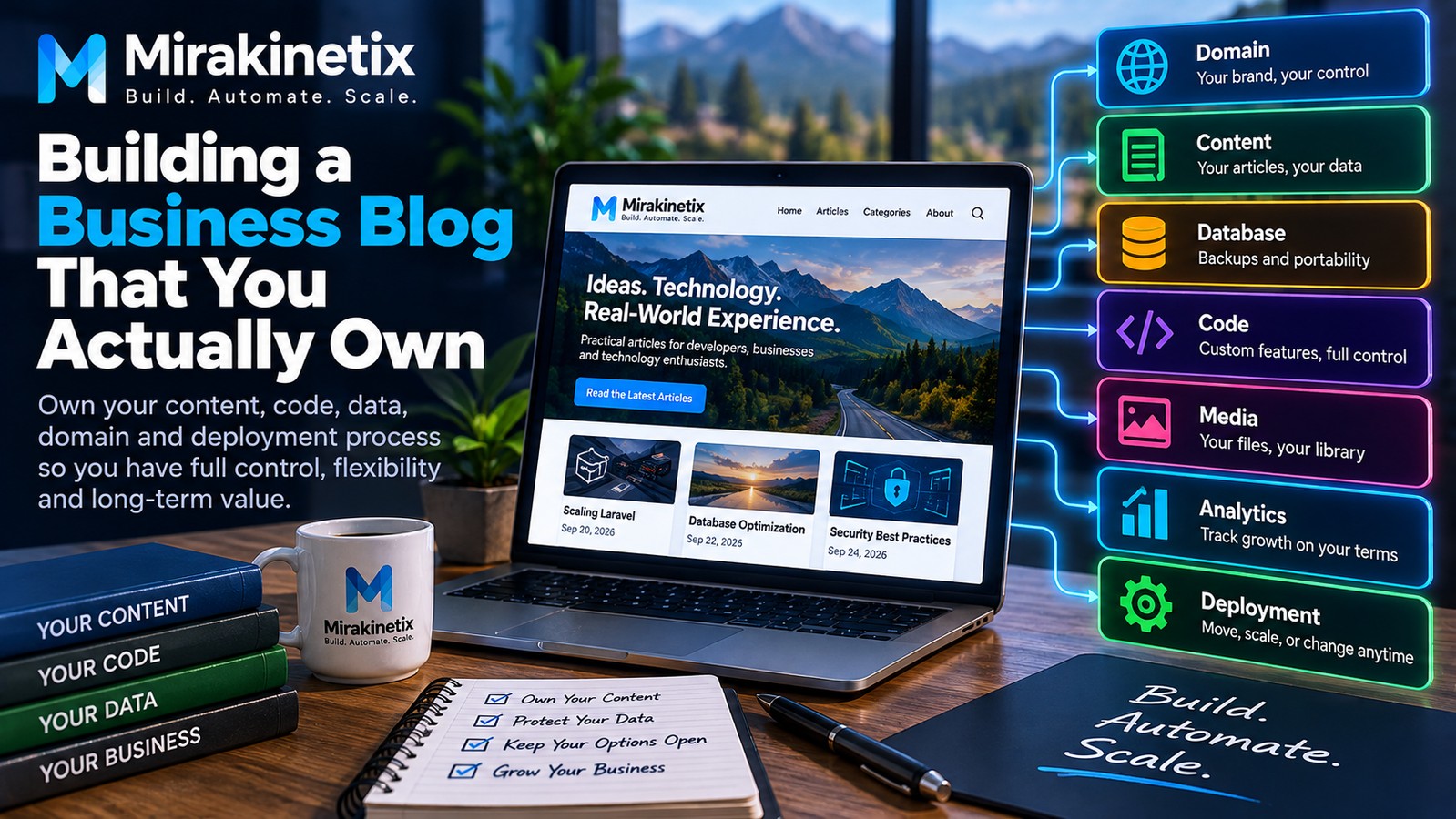 Business blog platform with owned content, domain, code, database, analytics, and deployment infrastructure