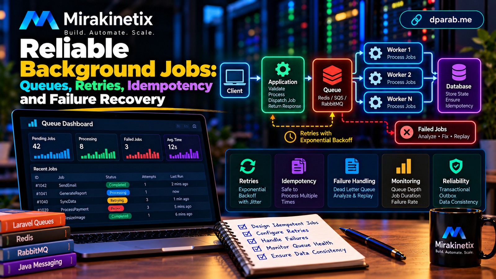 Background job processing architecture showing message queues workers retry handling idempotency monitoring and failure recovery
