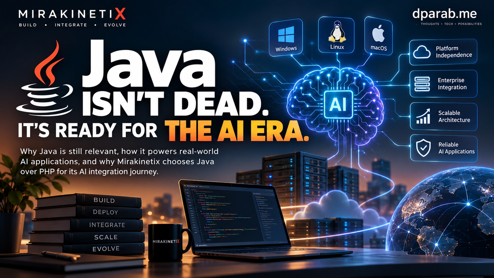 Java programming and artificial intelligence illustration showing enterprise application architecture, AI model integration, cloud infrastructure, and intelligent automation, with Mirakinetix and dparab.me branding.