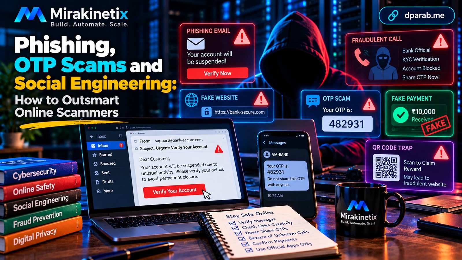 Cybersecurity illustration showing a phishing message, suspicious smartphone link, fraudulent caller, and security warnings protecting a user from online scams.