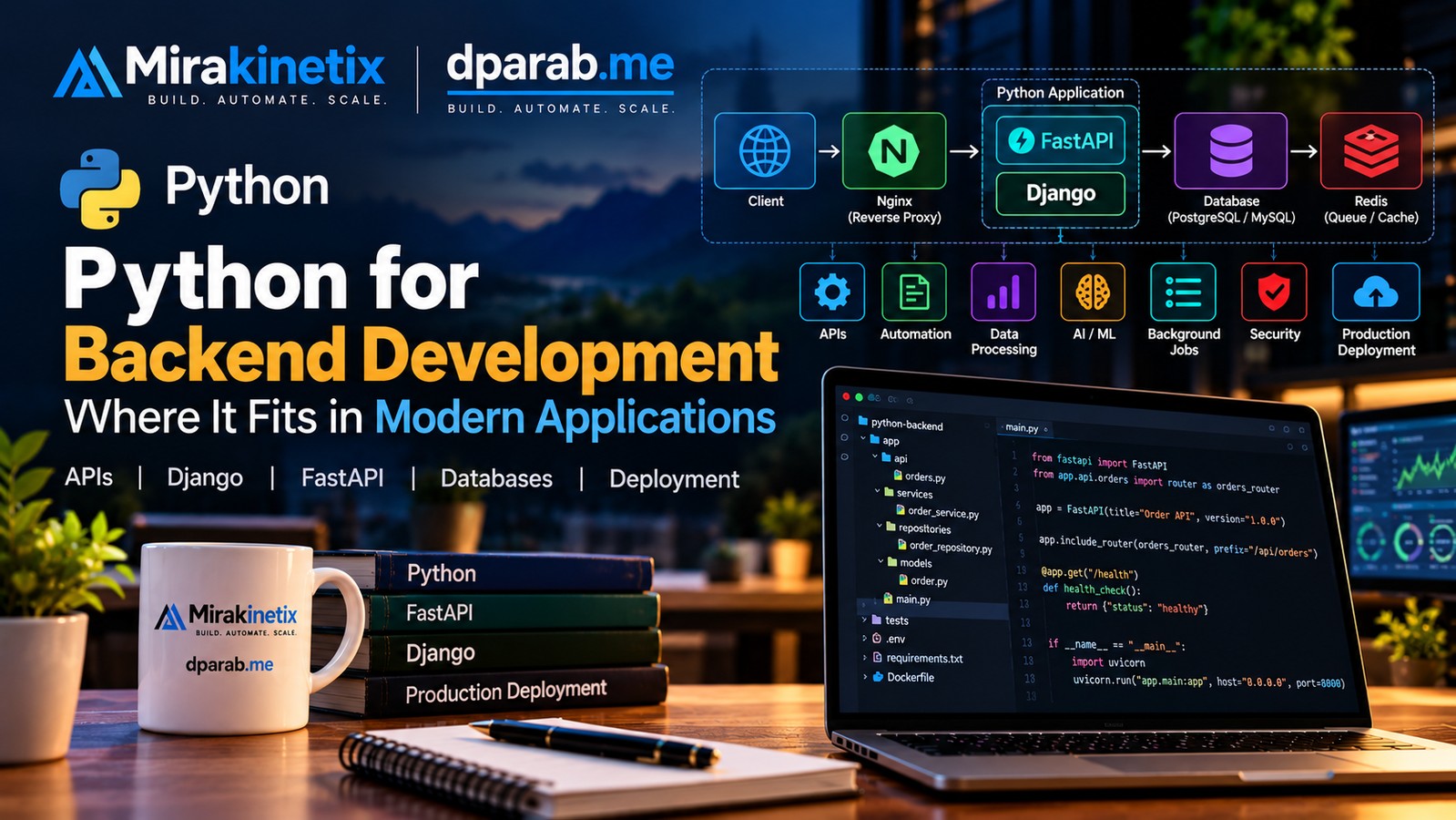 Python backend architecture with APIs, FastAPI, Django, database, queues, automation, and AI services