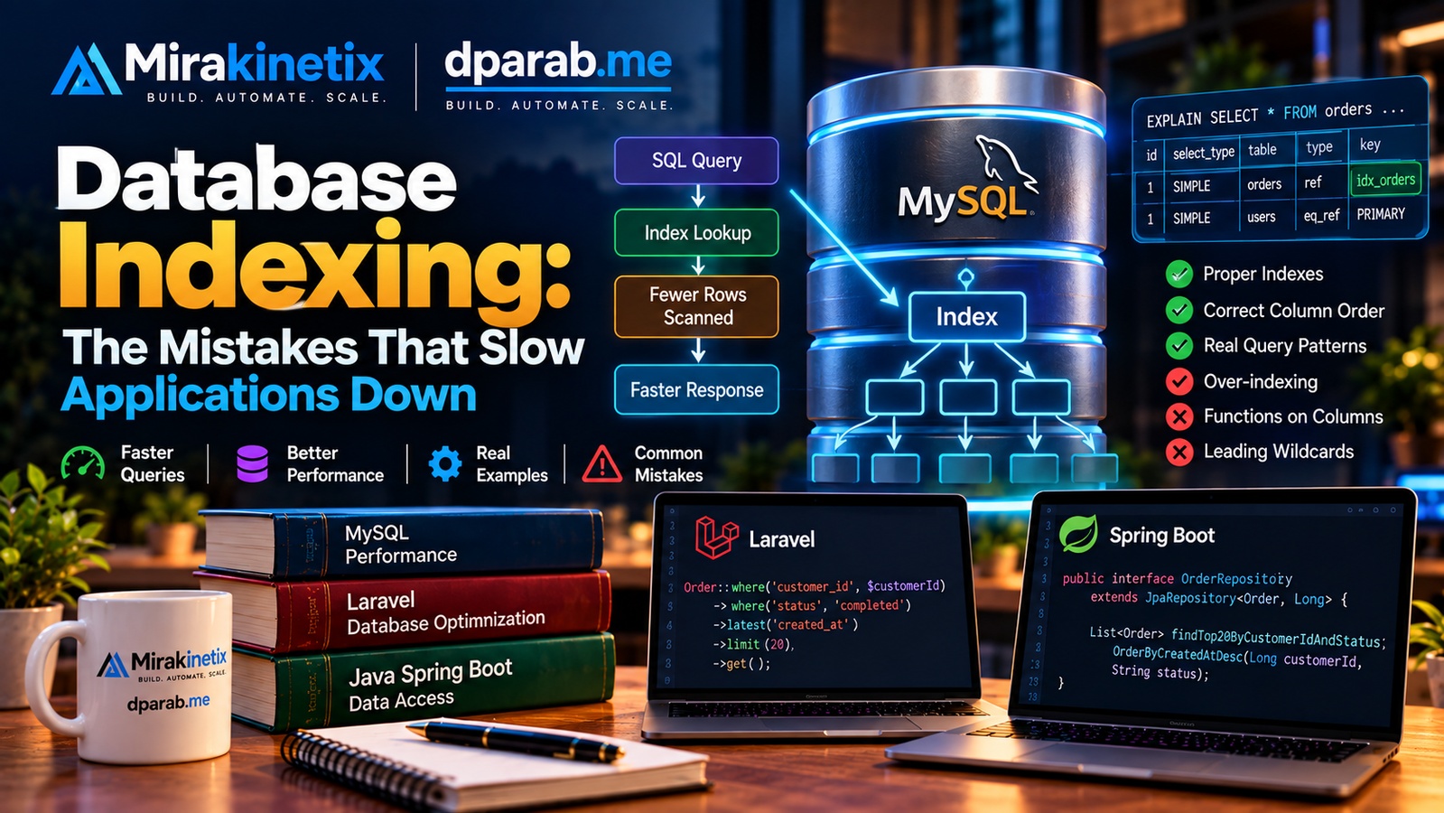 Database indexing and MySQL query optimization showing indexes, query execution, and application performance