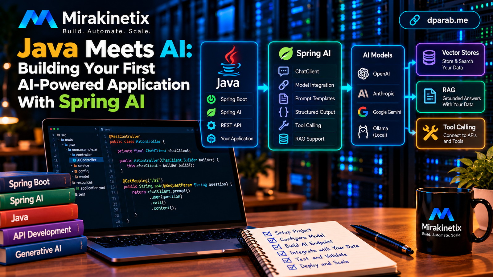 Java and generative AI integration using Spring AI and Spring Boot, illustrating AI-powered application development with Mirakinetix and dparab.me branding.