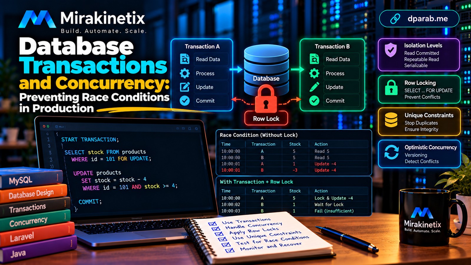 Database transaction and concurrency architecture illustrating row locks isolation levels race condition prevention and consistent data processing