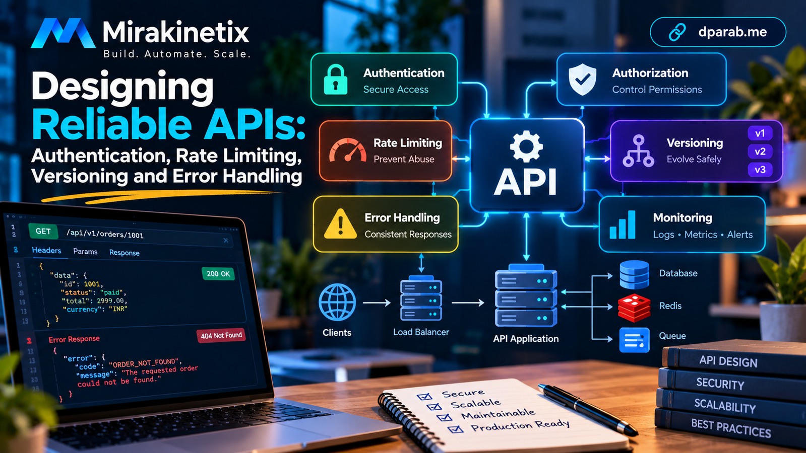 Reliable API architecture showing authentication, rate limiting, versioning, validation, error handling, monitoring, and backend services