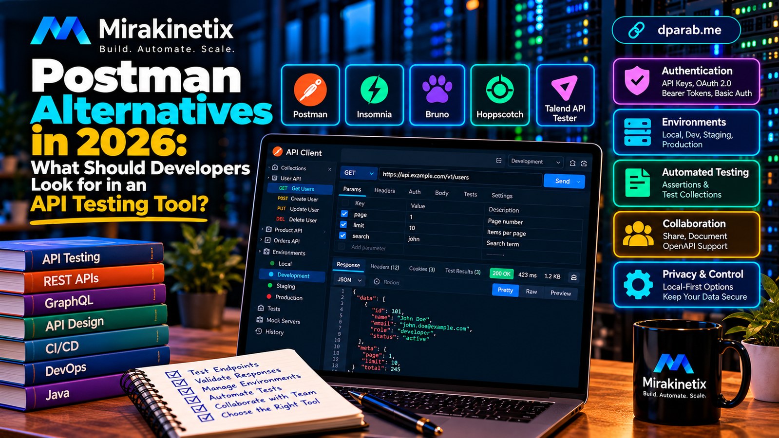 API development and testing workstation displaying HTTP requests, response data, authentication, environments, automated testing, and CI/CD workflows