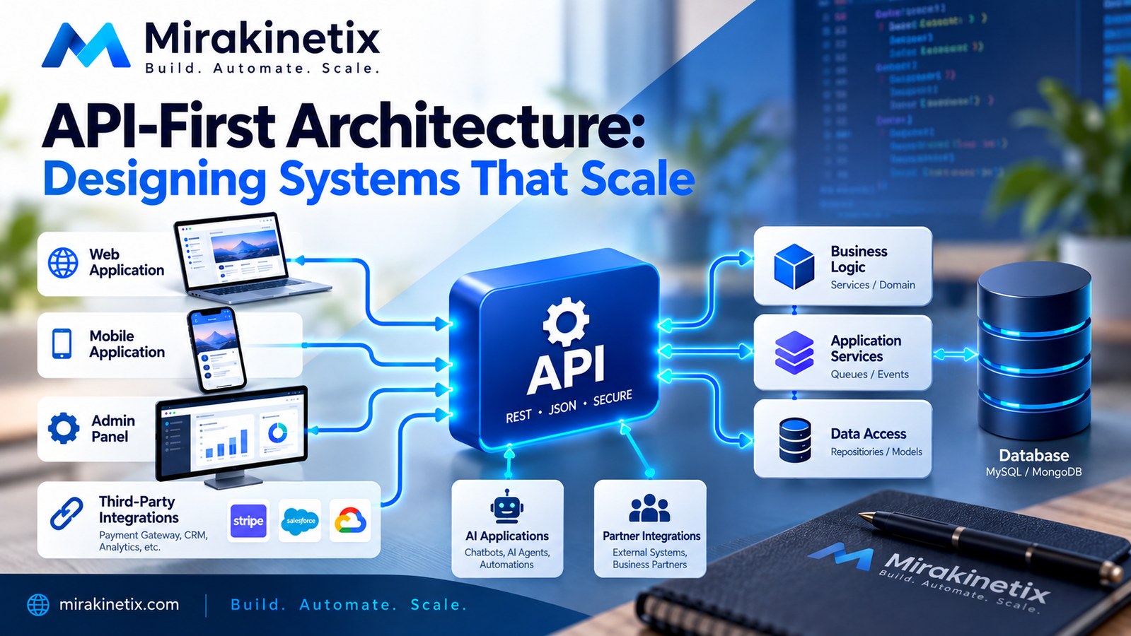 API-first architecture connecting applications, services, databases, and external systems