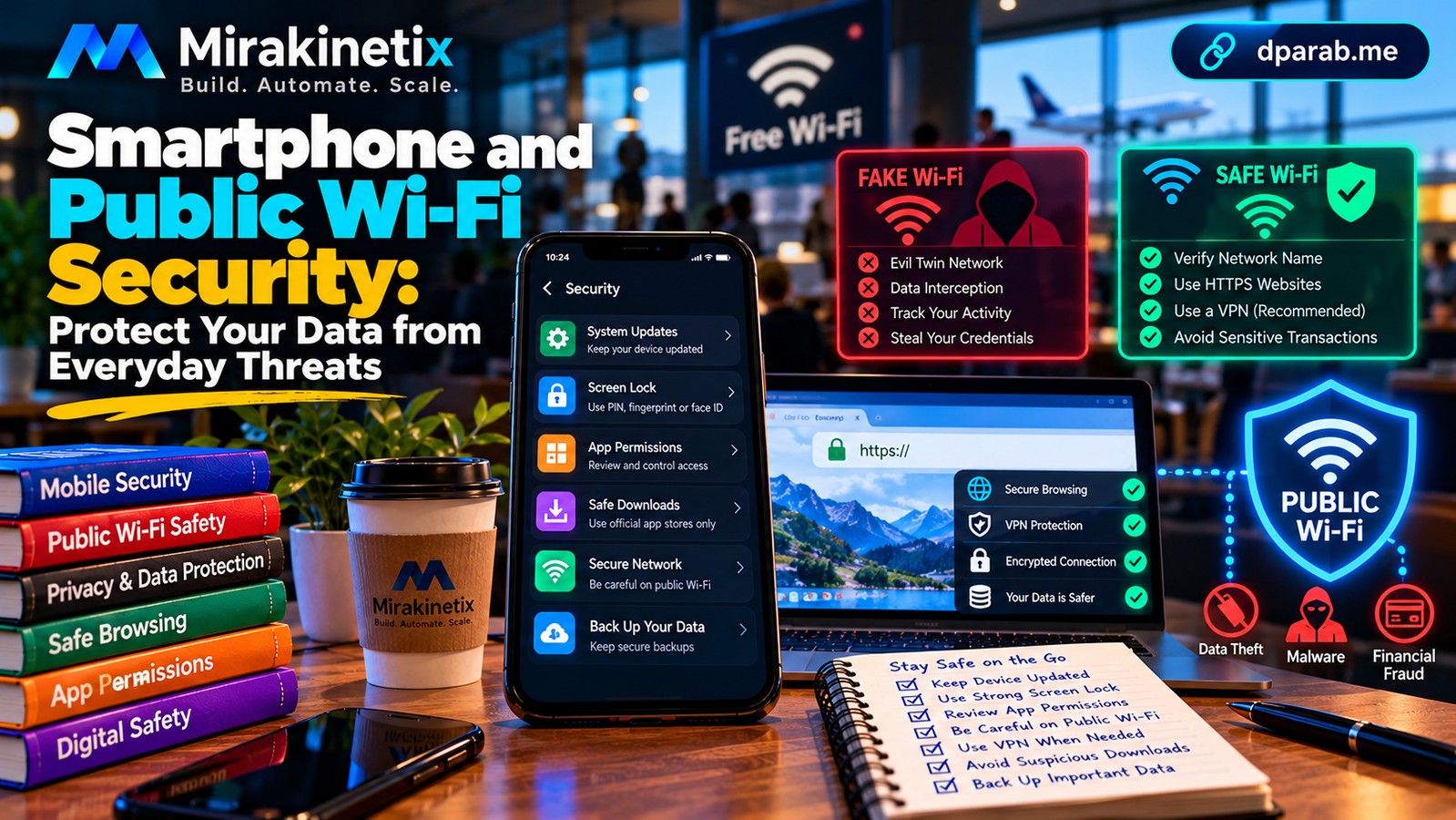 Cybersecurity illustration showing a smartphone and laptop connected to a public Wi-Fi network, with digital privacy, secure browsing, and network protection symbols.