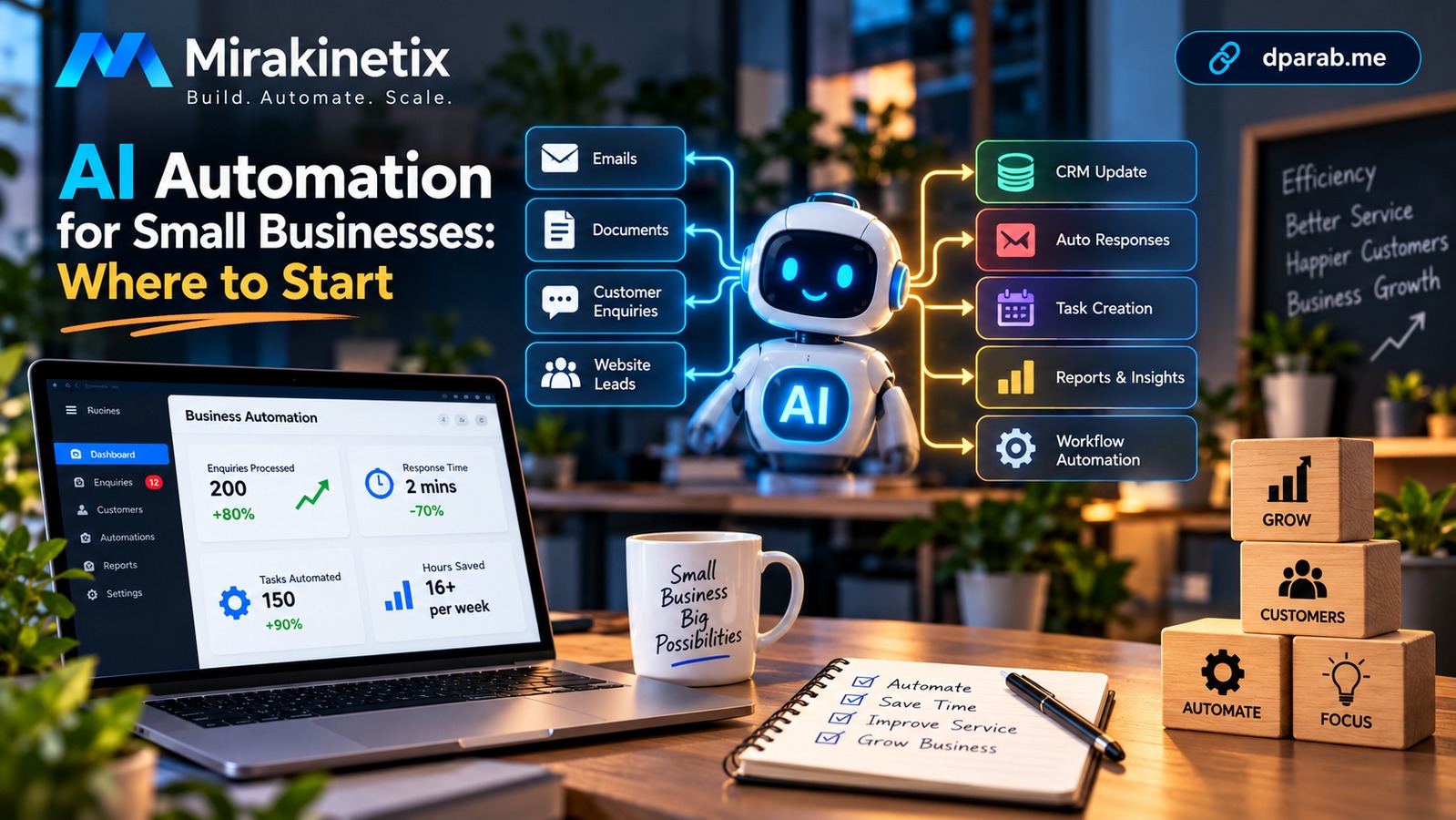 AI automation for small businesses showing intelligent workflows, business processes, APIs, and automated task management