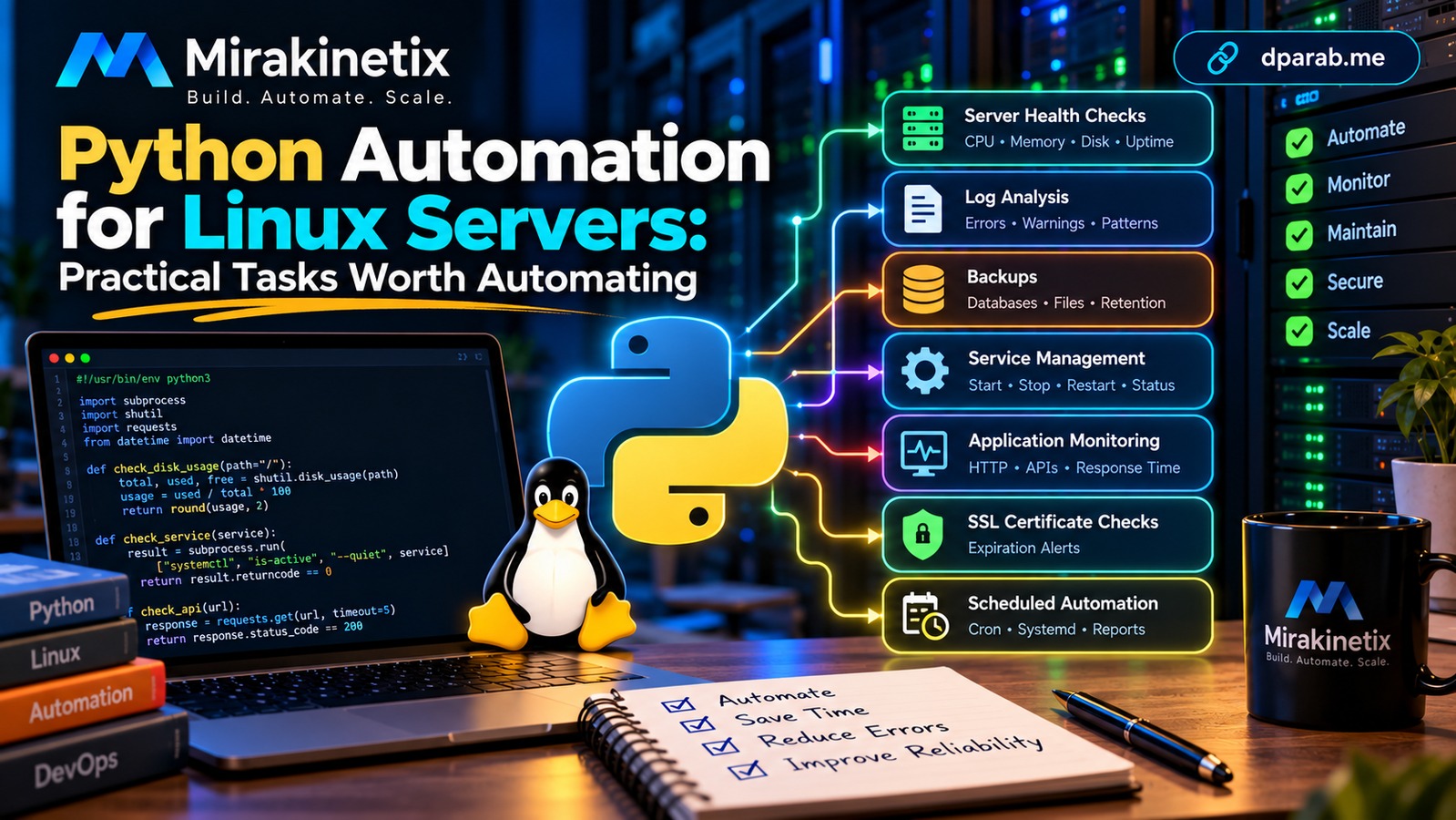 Python automation for Linux servers showing scripts, terminal commands, server monitoring, logs, backups, and automated DevOps workflows